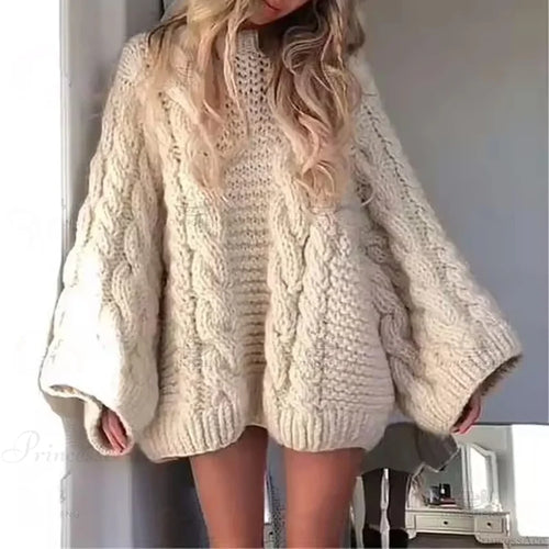 Crewneck Flared Sleeve Fuzzy Sweater White / S