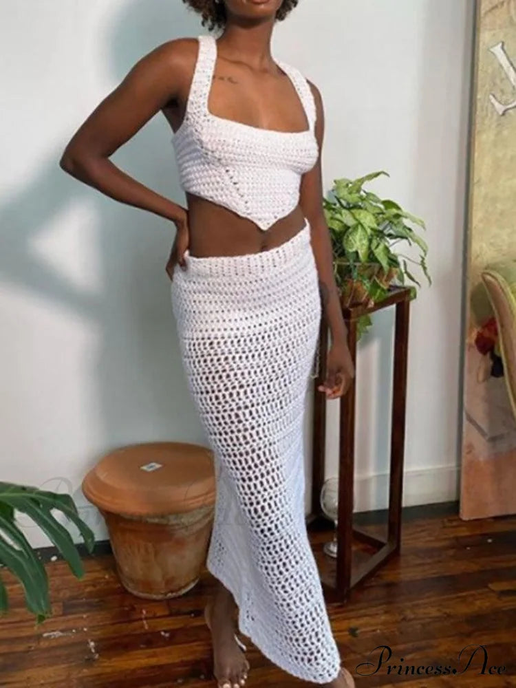 Crochet Knit Granny Square Patterns Classic Slip Mini Dress - Burgundy White / S Two-Piece Outfits