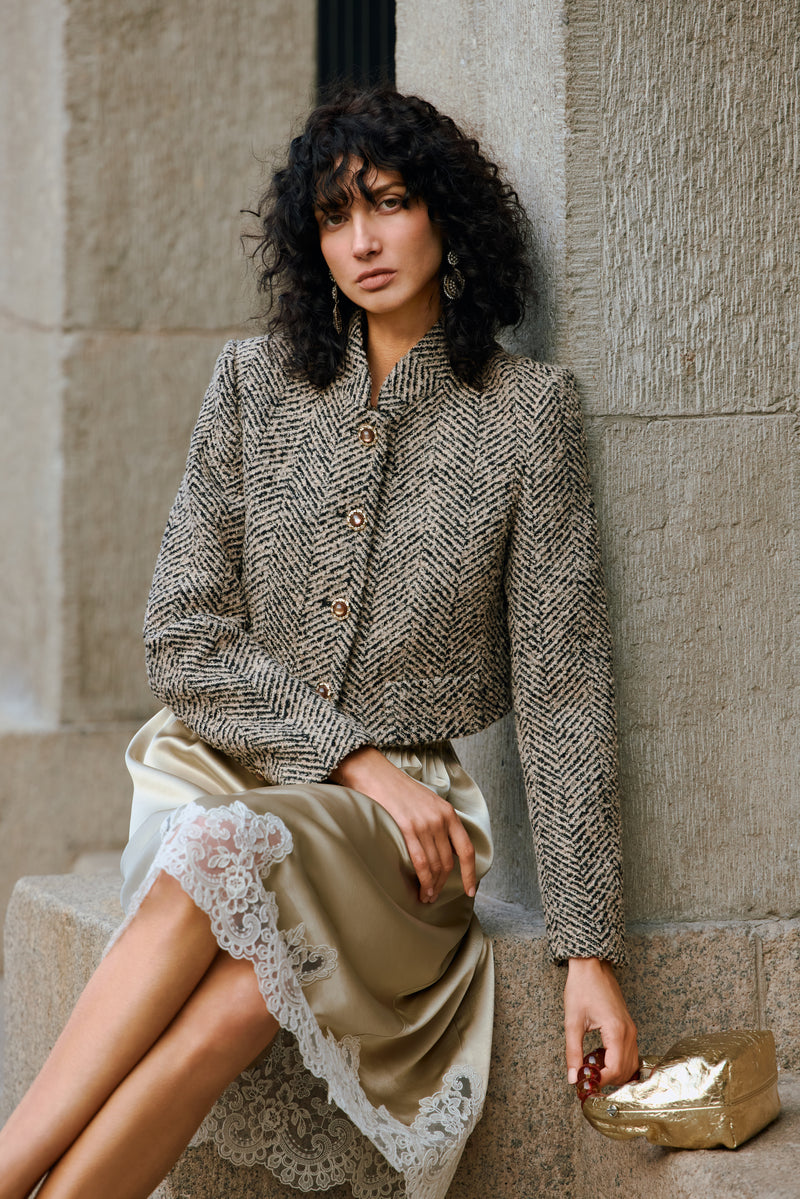 Cropped stand collar wool jacket