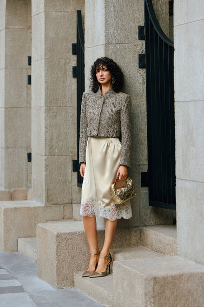 Cropped stand collar wool jacket