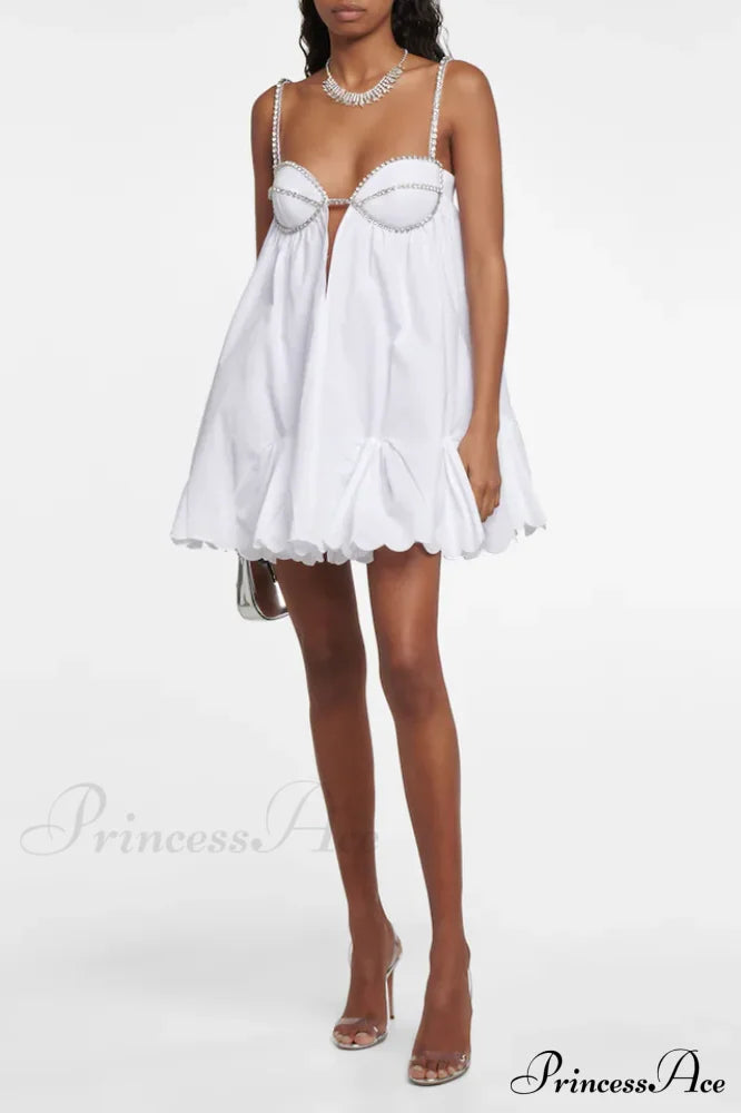 Crystal Trimmed Stylish Scallop Mini Dress