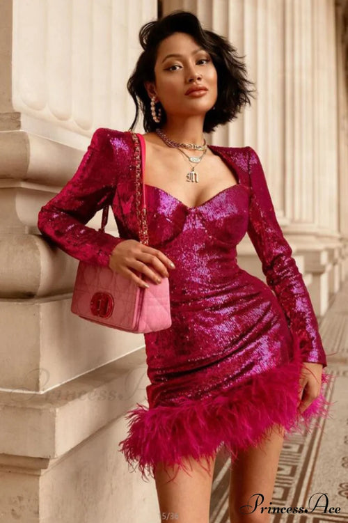 Daria Sequin Stylish Feather Mini Dress