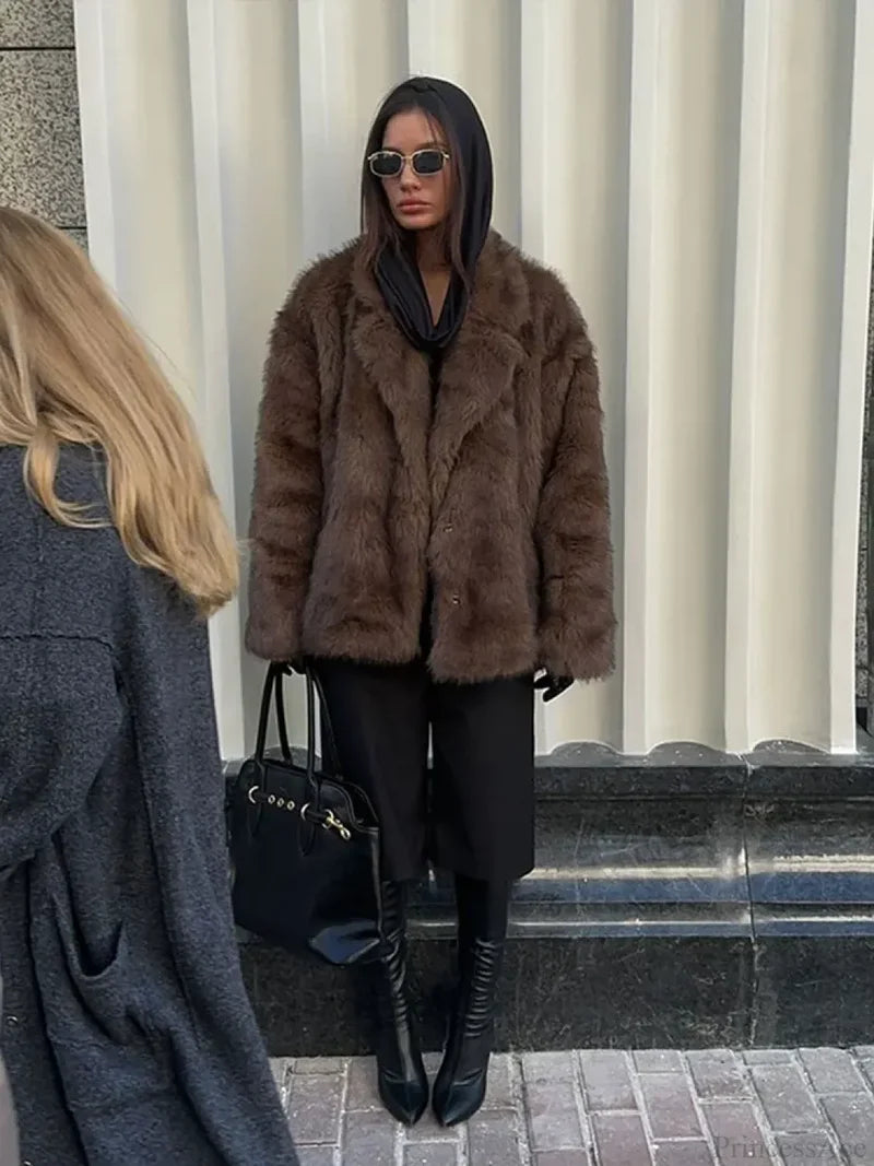 Dark Brown Lapel Short Coat Brown / S
