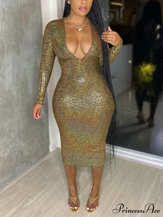Deep V Neck Trendy Lace Up Mini Dress Gold / M Dresses