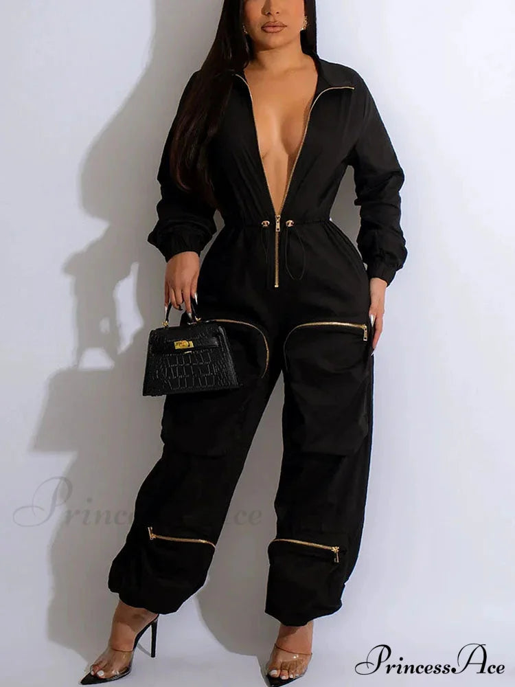 Deep V Shawl Collar Bishop Classic Sleeve Puffer Jacket - Black Jumpsuits & Rompers
