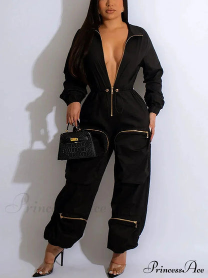 Deep V Shawl Collar Bishop Classic Sleeve Puffer Jacket - Black Jumpsuits & Rompers