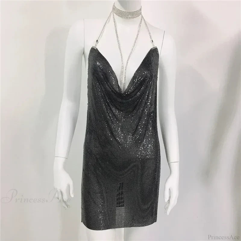 Diamond Halter Sequin Party Dress Black / S Partydress-241208