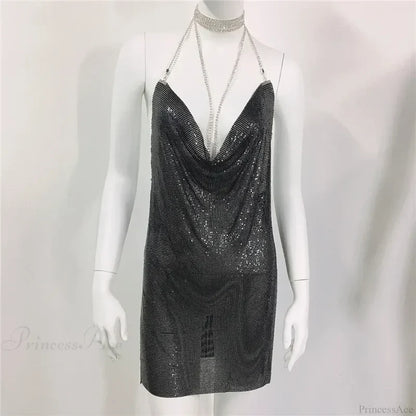 Diamond Halter Sequin Party Dress Black / S Partydress-241208