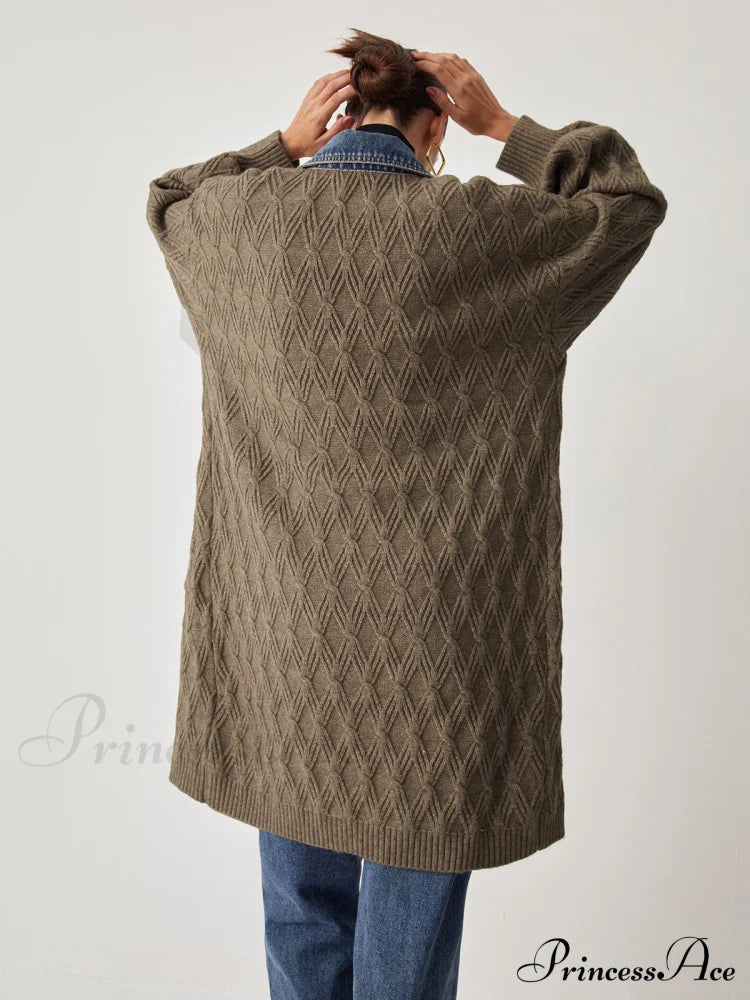 Diamond Stitch Graceful Knitting Longline Cardigan Sweaters-L