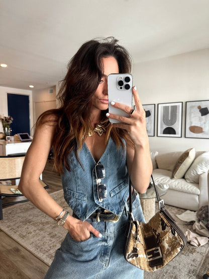 Diane Blue Denim Vest styled in a complete look from an alternate angle.