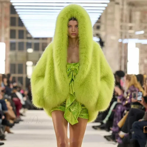 Eco-Friendly ImiTation Fox Hooded Coat yellowish green / XS