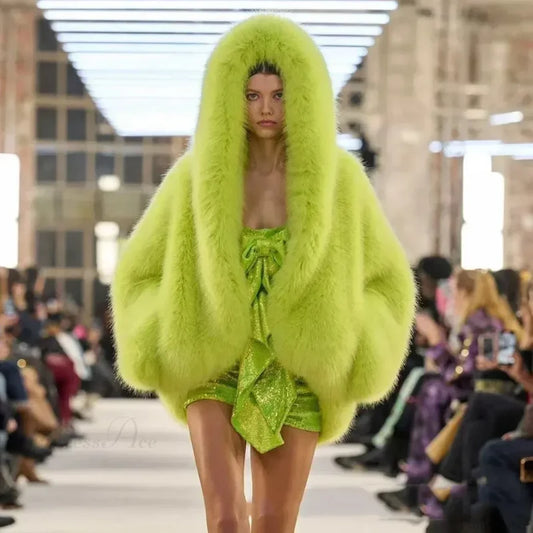 Eco-Friendly ImiTation Fox Hooded Coat yellowish green / XS