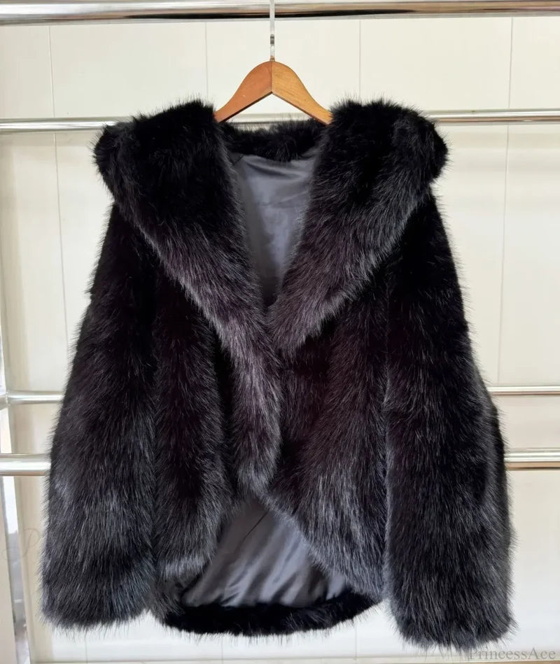 Eco-Friendly ImiTation Fox Hooded Coat Black / XS