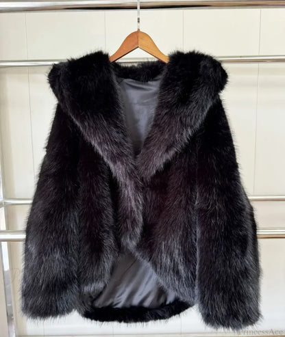 Eco-Friendly ImiTation Fox Hooded Coat Black / XS