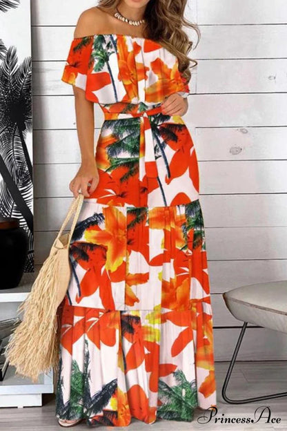 Elegant Bandeau Graceful Floral Maxi Dress Orange / S Dresses