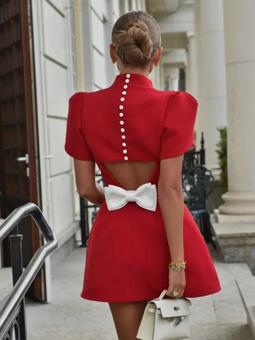 Elegant Formal Stylish Bow Pad Shoulder Christmas Party Dress Dresses-L