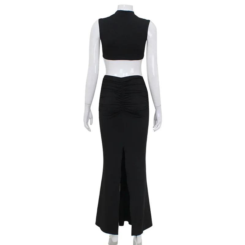 Elegant Hollow Back Sexy Solid Color Turtle Neck Sleeveless Dress Christmas Party Dresses-L