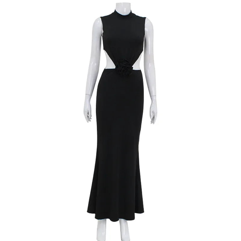 Elegant Hollow Back Sexy Solid Color Turtle Neck Sleeveless Dress Christmas Party Dresses-L