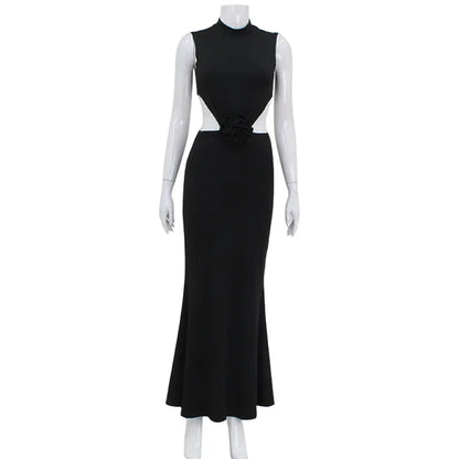 Elegant Hollow Back Sexy Solid Color Turtle Neck Sleeveless Dress Christmas Party Black / S