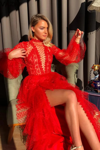 Elegant Lace Hollow Out A-Line Full Sleeve Red Christmas Party Dress Dresses-L