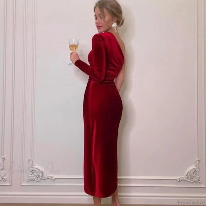 Elegant Long Sleeve Party Evening Velvet Bodycon Split Pencil Midi Christmas Dress Dresses-L