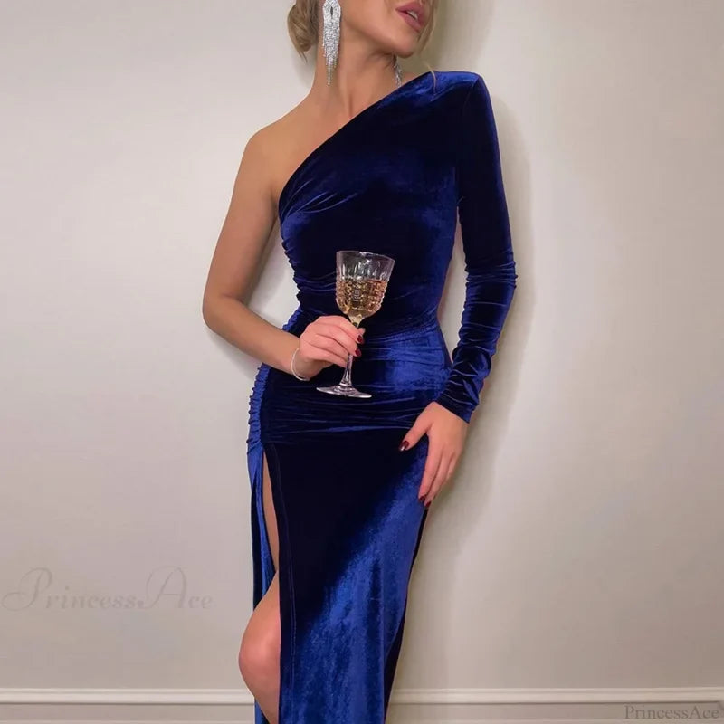 Elegant Long Sleeve Party Evening Velvet Bodycon Split Pencil Midi Christmas Dress Blue / S