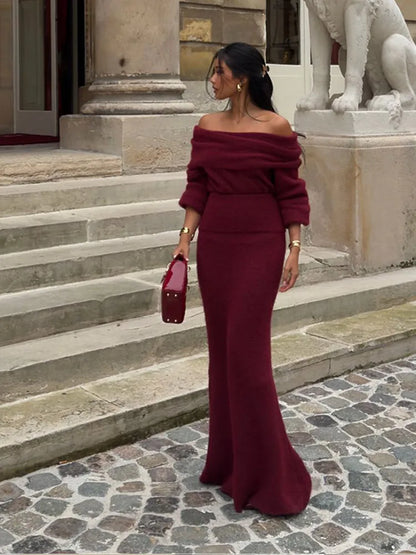 Elegant Off Shoulder Fold Knit Long Sleeve Tight Red Christmas Party Dress Dresses-L