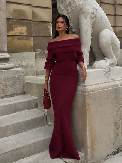 Elegant Off Shoulder Fold Knit Long Sleeve Tight Red Christmas Party Dress Dresses-L