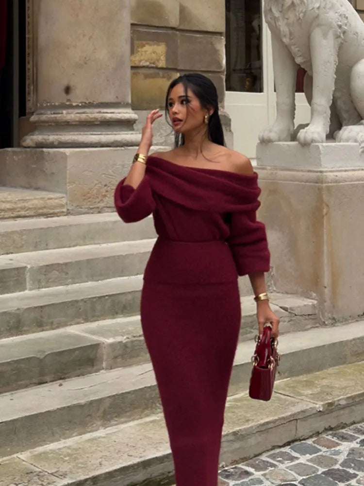 Elegant Off Shoulder Fold Knit Long Sleeve Tight Red Christmas Party Dress Dresses-L