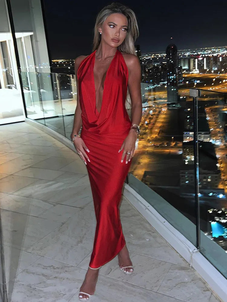 Elegant Satin Deep V Neck Sleeveless Maxi Christmas Party Dress Dresses-L