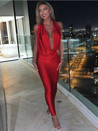 Elegant Satin Deep V Neck Sleeveless Maxi Christmas Party Dress Dresses-L