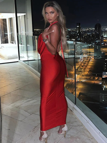Elegant Satin Deep V Neck Sleeveless Maxi Christmas Party Dress Dresses-L