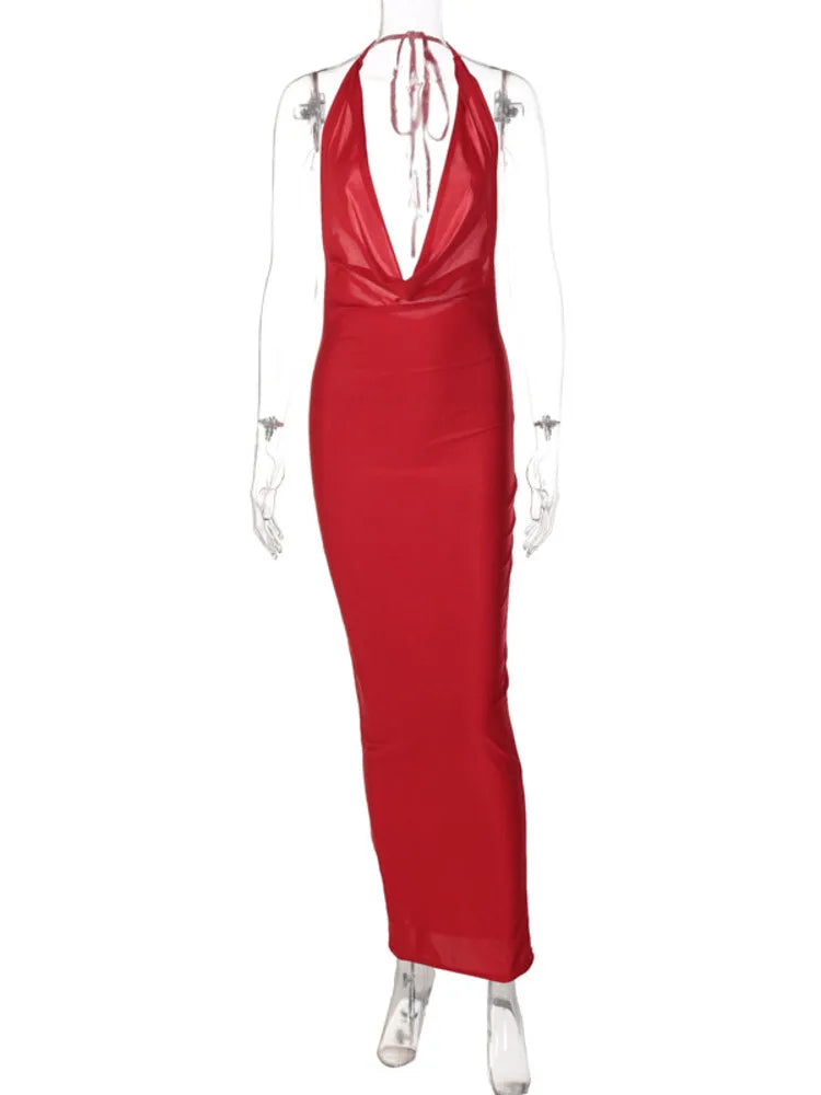Elegant Satin Deep V Neck Sleeveless Maxi Christmas Party Dress Dresses-L