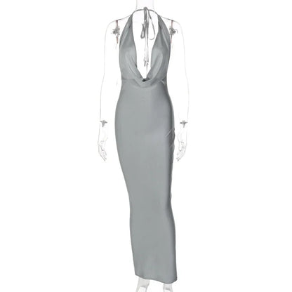 Elegant Satin Deep V Neck Sleeveless Maxi Christmas Party Dress Gray / S Dresses-L