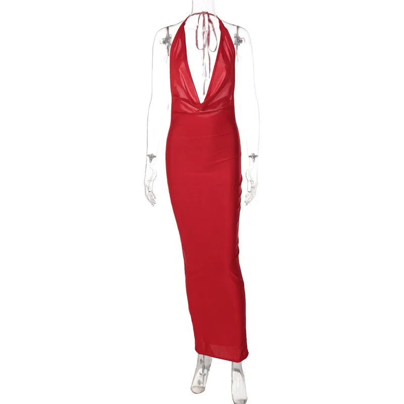 Elegant Satin Deep V Neck Sleeveless Maxi Christmas Party Dress Red / S Dresses-L
