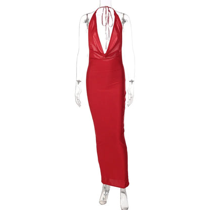 Elegant Satin Deep V Neck Sleeveless Maxi Christmas Party Dress Red / S Dresses-L