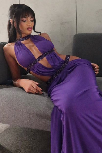 Elegant Sexy Cutout Rhinestone Backless Maxi Dress
