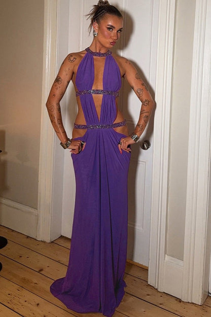 Elegant Sexy Cutout Rhinestone Backless Maxi Dress