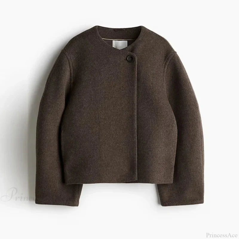 Elegant Solid Wool One Button Overcoat coffee color / S