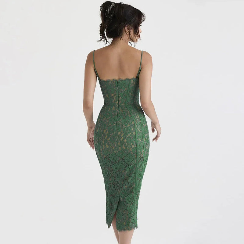 Elegant Spaghetti Strap V Neck Lace Formal Occasion Dress For Christmas Party Dresses-L