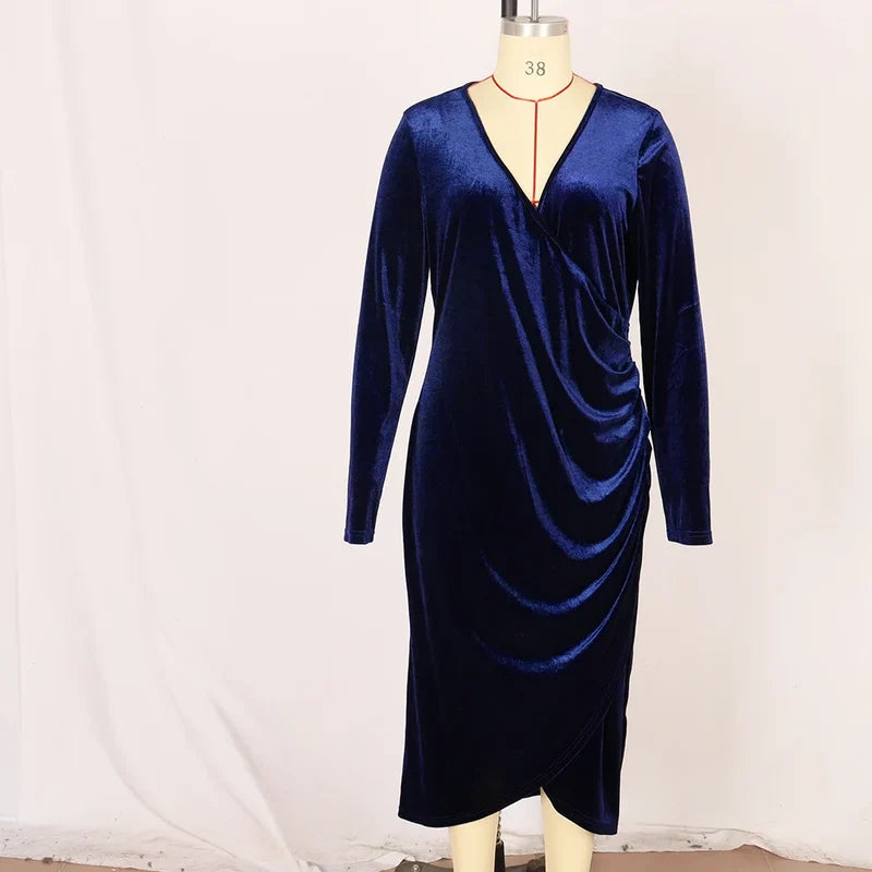 Elegant Velvet Bodycon Dress Women Sexy Wrapped V-Neck Long Sleeve Christmas Party Dresses-L