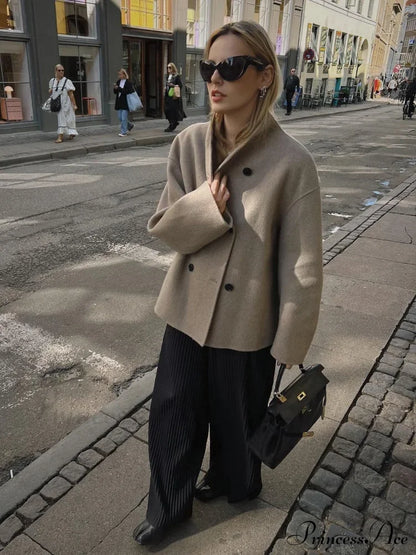 Elegant Warm Solid Woolen Cropped Stand Collar Double Breasted Long Sleeves Stylish Coat Coats-L