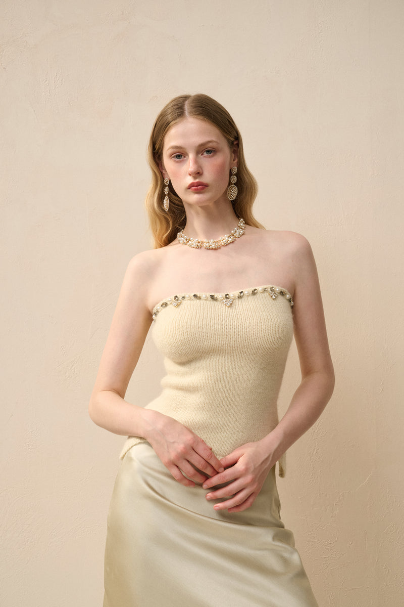 Embellished strapless knit top