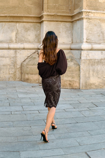 Embroidered faux leather skirt