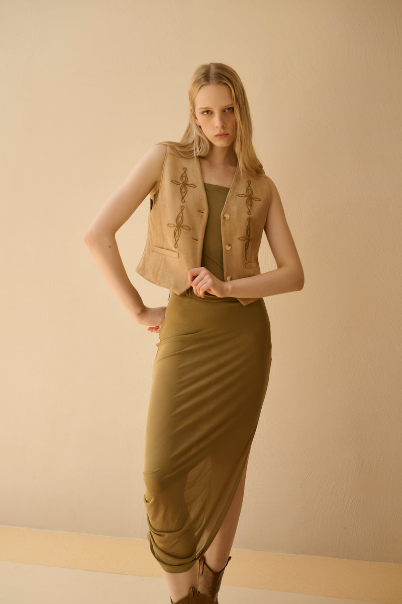 Embroidered faux suede vest
