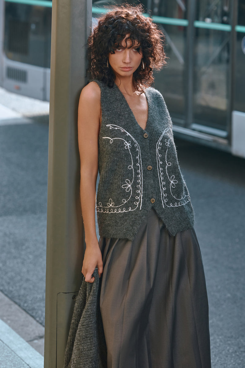 Embroidered wool blend vest