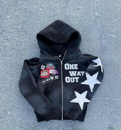 Embroidery Zipper Hoodie Black / S