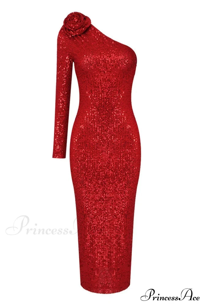Ethel Sequins One Charming Shoulder Midi Dress
