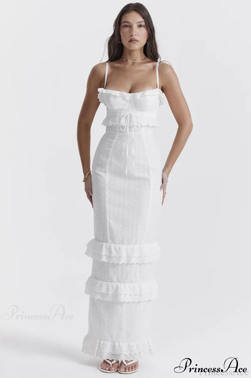 Eve White Stylish Broderie Maxi Dress