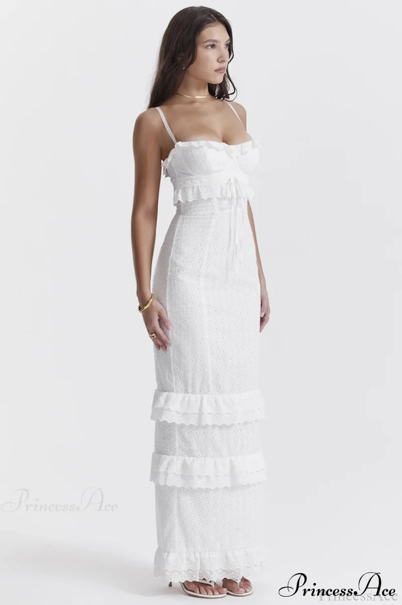 Eve White Stylish Broderie Maxi Dress